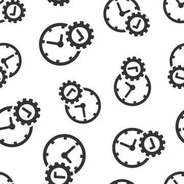 Check mark on clock icon in flat style. Gear with time vector illustration on Illustrazione stock