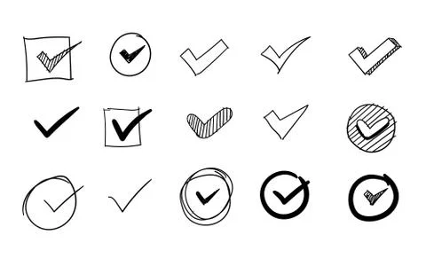 Check mark collection set choice examination doodle hand drawn sketches white Stock Illustration