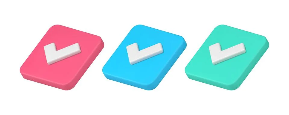 Check mark correct agreement squared button choice confirmation 3d icon set r Stock Illustration