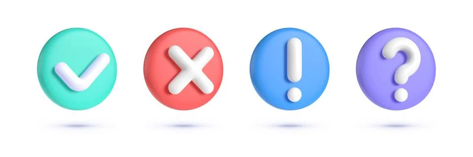 Check mark, cuestion mark, caution, cross 3d signs set. Realistic caution mark Illustrazione stock