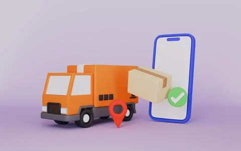 Check mark displayed on mobile screen, Delivery truck and location pin Stock Illustration