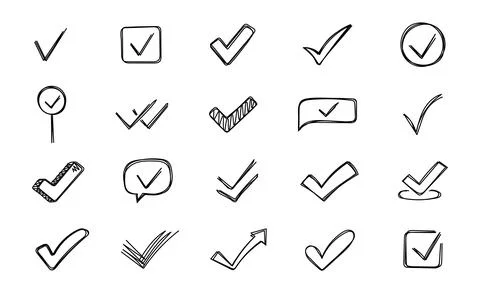 Check mark doodle set in outline line art Stock Illustration
