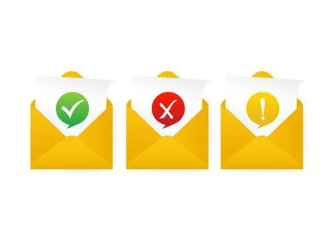Check mark in envelope. Approved, rejected and warning message. Yellow template Иллюстрация