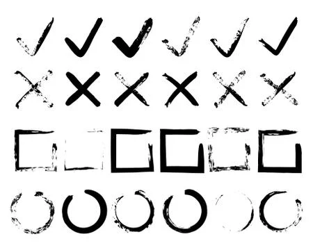 Check mark. Grunge V X hand drawn checkmarks. Vector square and circle ink 库存插图