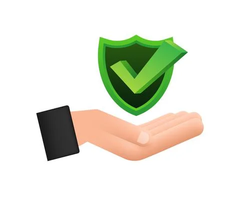 Check mark hanging over hands. Green approved star sticker on white background Stock Illustration