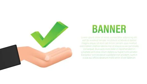Check mark hanging over hands. Green approved star sticker on white background Ilustração Stock