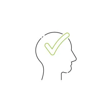 Check mark in human head linear icon with editable stroke. Problem solving Illustrazione stock
