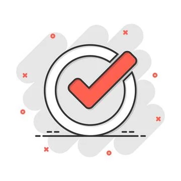 Check mark icon in comic style. Ok, accept vector cartoon illustration pictog Stock Illustration