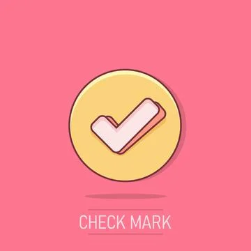 Check mark icon in comic style. Ok, accept vector cartoon illustration pict.. Stock Illustration