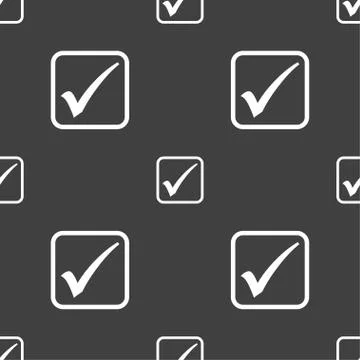 A check mark icon sign. Seamless pattern on a gray background. Stock Illustration