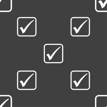 A check mark icon sign. Seamless pattern on a gray background. Stock Illustration