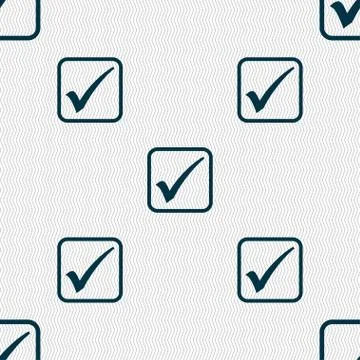 A check mark icon sign. Seamless pattern with geometric texture. Illustrazione stock