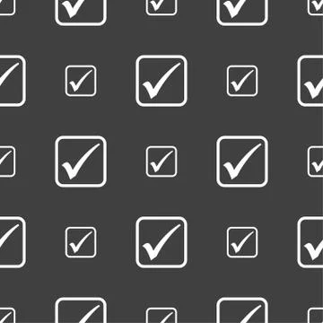 A check mark icon sign. Seamless pattern on a gray background. Stock Illustration