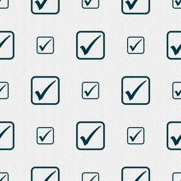 A check mark icon sign. Seamless pattern with geometric texture. Illustrazione stock