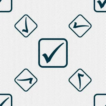A check mark icon sign. Seamless pattern with geometric texture. Illustrazione stock