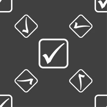 A check mark icon sign. Seamless pattern on a gray background. Stock Illustration