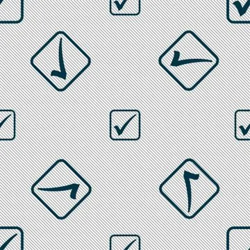 A check mark icon sign. Seamless pattern with geometric texture. Stock Illustration