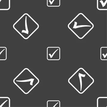 A check mark icon sign. Seamless pattern on a gray background. Illustrazione stock