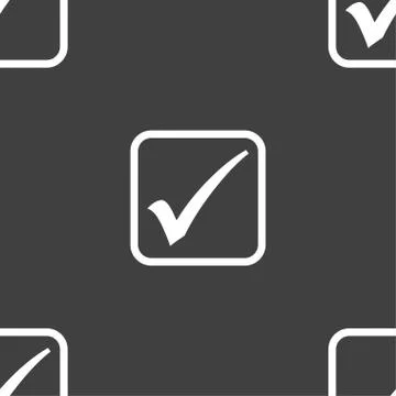 A check mark icon sign. Seamless pattern on a gray background. Illustrazione stock