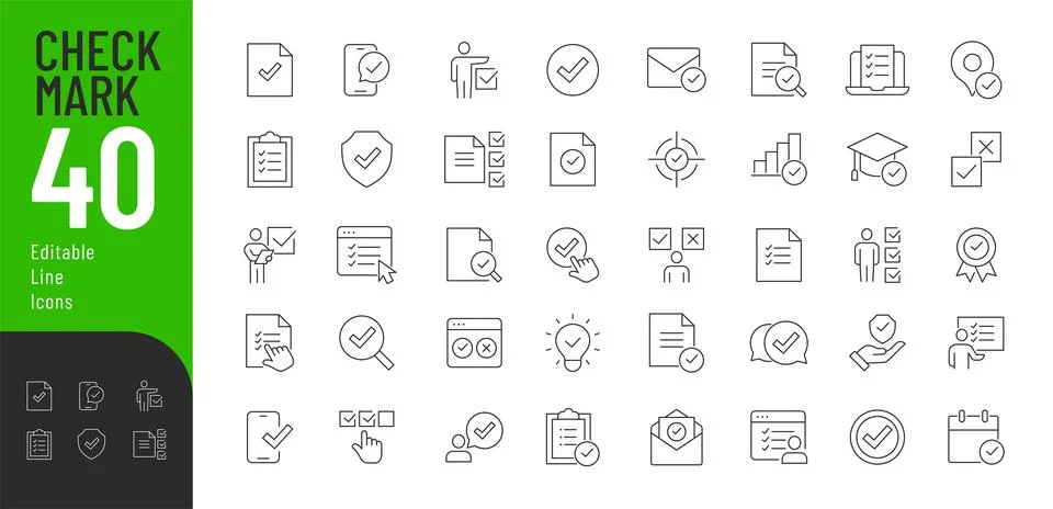 Check Mark Line Editable Icons set. Stock Illustration