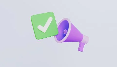 Check mark megaphone speaker 3d illustration isolated on pastel background Stockillustratie