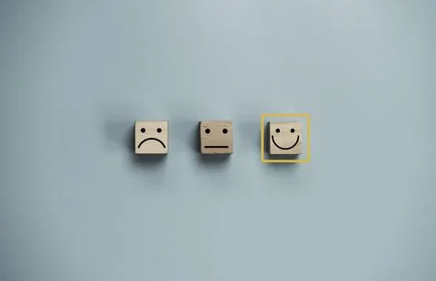 Check mark to select smile face with five stars on blue background , Custom.. 스톡 사진