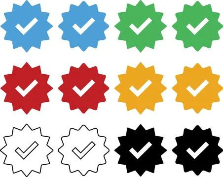 Check mark set. Blue green red yellow and black line tick verified badge ic.. Stock Illustration