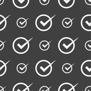 Check mark sign icon. Checkbox button. Seamless pattern on a gray background. Stock Illustration