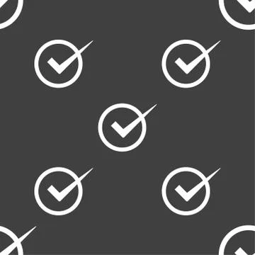 Check mark sign icon. Checkbox button. Seamless pattern on a gray background. Illustrazione stock