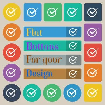 Check mark sign icon. Checkbox button. Set of twenty colored flat, round, square Stock Illustration