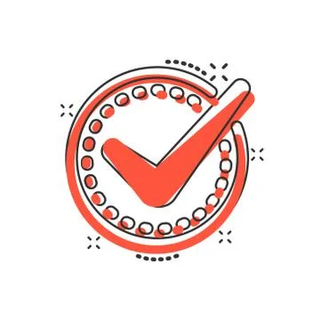 Check mark sign icon in comic style. Confirm button cartoon vector illustrati Stock Illustration