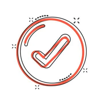 Check mark sign icon in comic style. Confirm button cartoon vector illustrati 스톡 일러스트