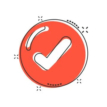 Check mark sign icon in comic style. Confirm button cartoon vector illustrati 스톡 일러스트