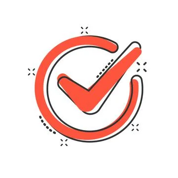 Check mark sign icon in comic style. Confirm button cartoon vector illustrati Stock Illustration