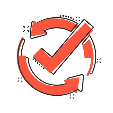 Check mark sign icon in comic style. Confirm button cartoon vector illustrati Stock Illustration
