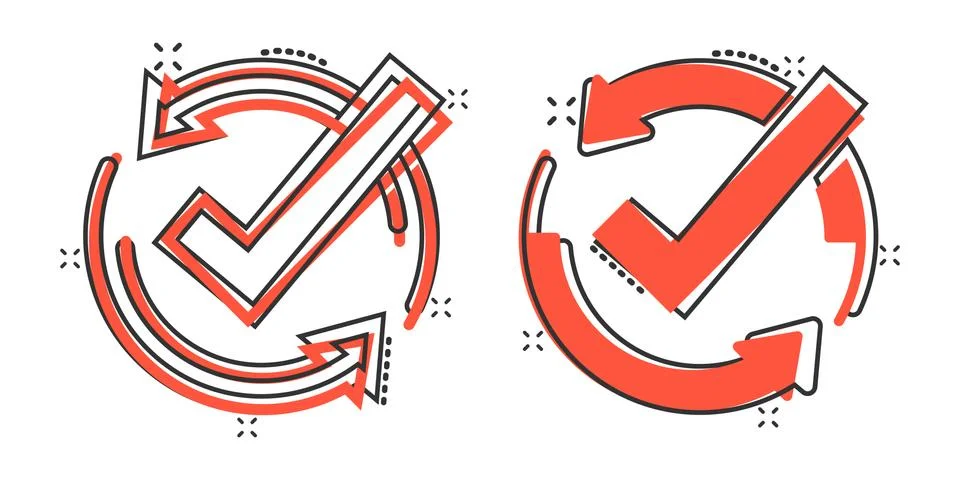Check mark sign icon in comic style. Confirm button cartoon vector illustrati 스톡 일러스트