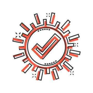 Check mark sign icon in comic style. Confirm button cartoon vector illustrati Stock Illustration