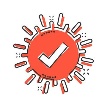 Check mark sign icon in comic style. Confirm button cartoon vector illustrati Stock Illustration