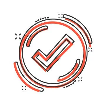 Check mark sign icon in comic style. Confirm button cartoon vector illustrati 스톡 일러스트