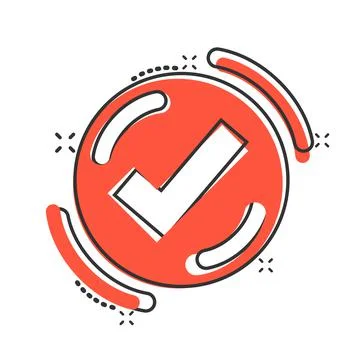 Check mark sign icon in comic style. Confirm button cartoon vector illustrati 스톡 일러스트