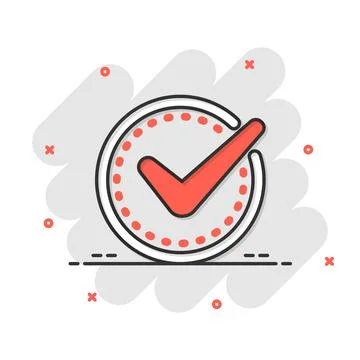 Check mark sign icon in comic style. Confirm button cartoon vector illustrati 스톡 일러스트