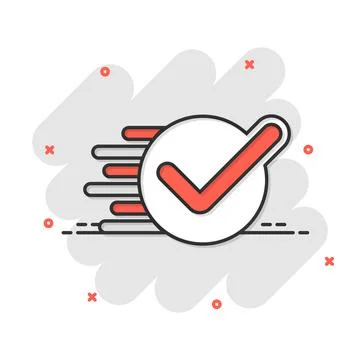 Check mark sign icon in comic style. Confirm button cartoon vector illustrati Stock Illustration