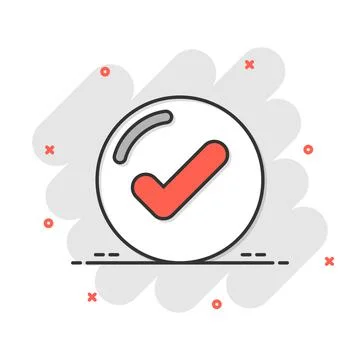 Check mark sign icon in comic style. Confirm button cartoon vector illustrati Stock Illustration