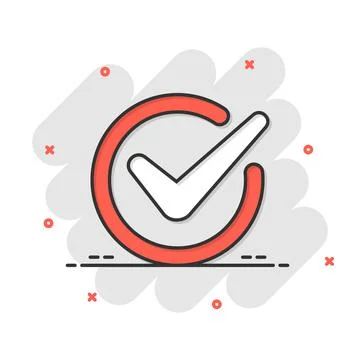 Check mark sign icon in comic style. Confirm button cartoon vector illustrati Stock Illustration