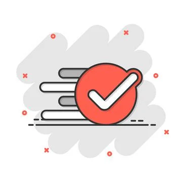 Check mark sign icon in comic style. Confirm button cartoon vector illustrati Stock Illustration