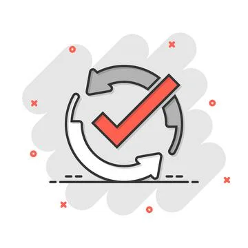 Check mark sign icon in comic style. Confirm button cartoon vector illustrati 스톡 일러스트