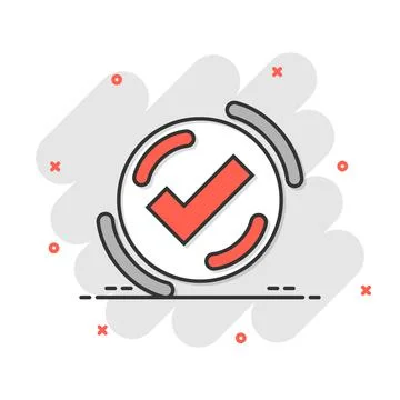 Check mark sign icon in comic style. Confirm button cartoon vector illustrati Stock Illustration