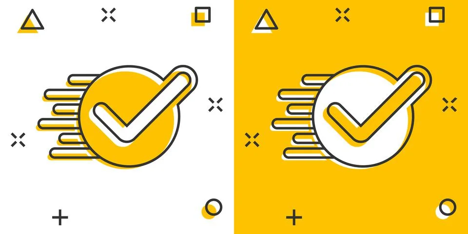 Check mark sign icon in comic style. Confirm button cartoon vector illustrati Stock Illustration