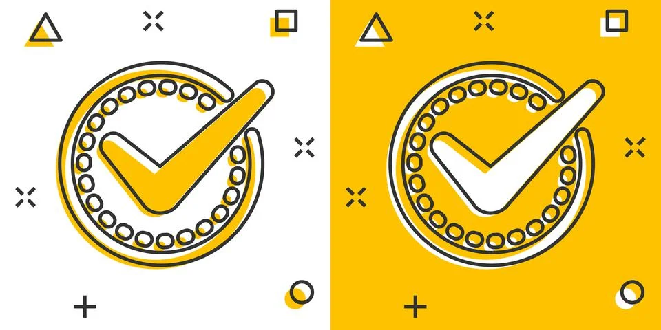 Check mark sign icon in comic style. Confirm button cartoon vector illustrati Stock Illustration