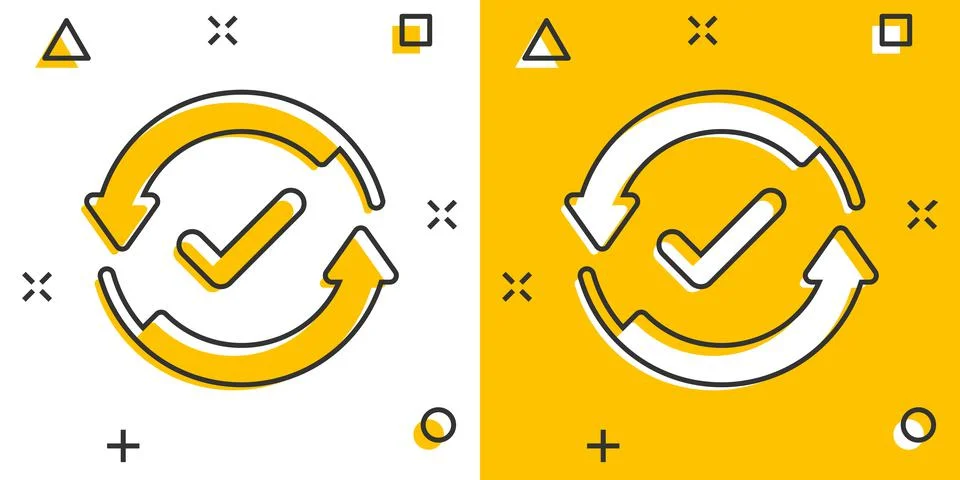 Check mark sign icon in comic style. Confirm button cartoon vector illustrati 스톡 일러스트